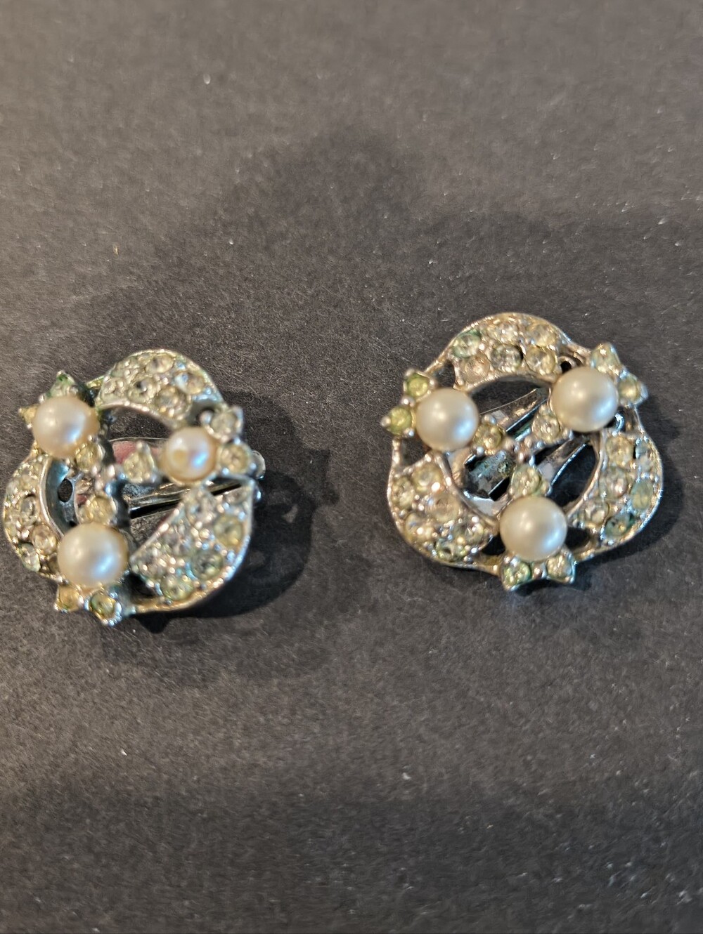 Vintage BOGOFF Signed Clip On Earrings Silver Tone Faux Pearls Clear Rhinestones